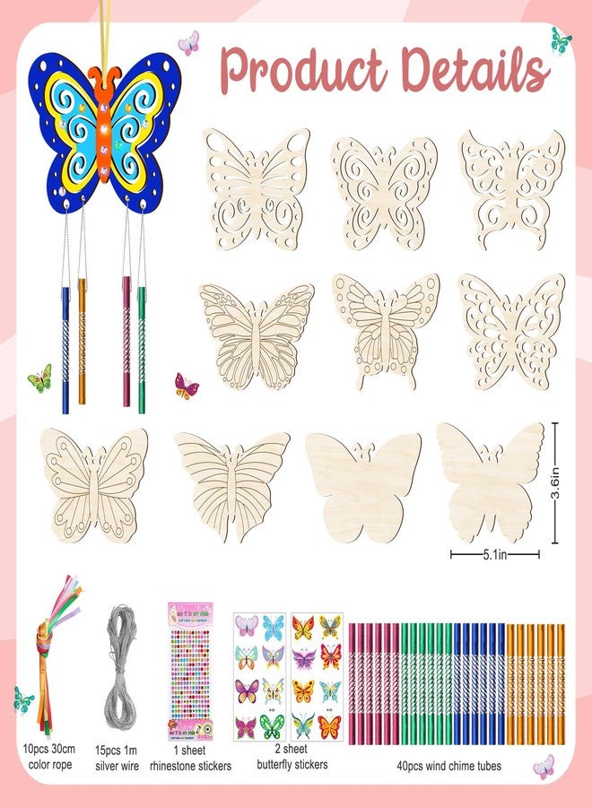TREACLUB 10 Pack Butterfly Wind Chime Kit for Kids Make Your Own Butterfly Wind Chime Wooden Crafts DIY Make a Wind Chime Kit DIY Coloring Butterfly Ornaments for Girls Boys - Image 2